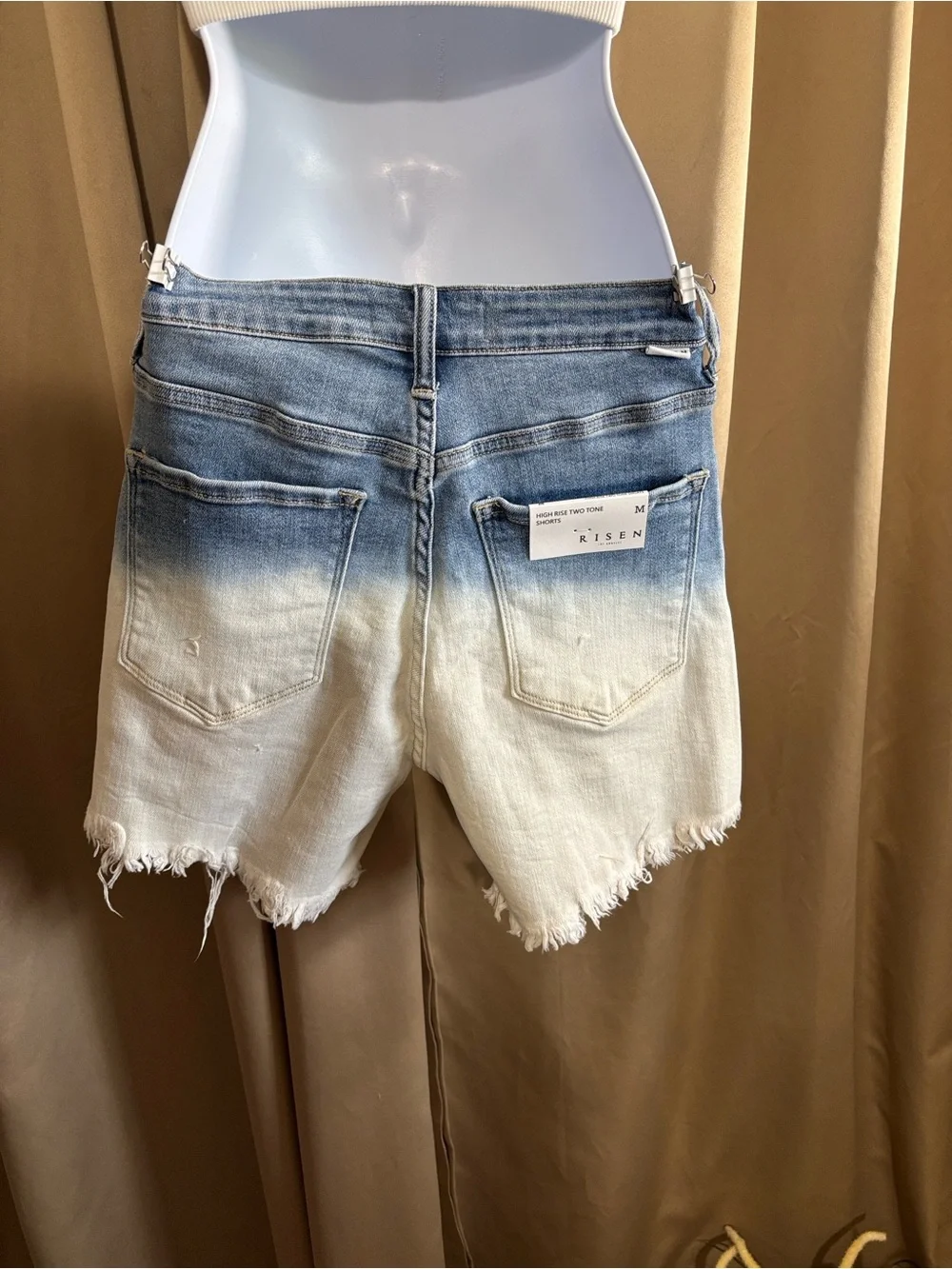 Risen Jeans High-Rise Ombre Denim Cutoff Shorts in Blue and White - Picture 3 of 4